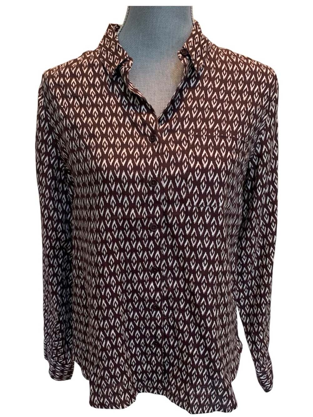 Garnet Hill Burgundy and White Geometric Long-Sleeve Blouse easy linen Sampler
